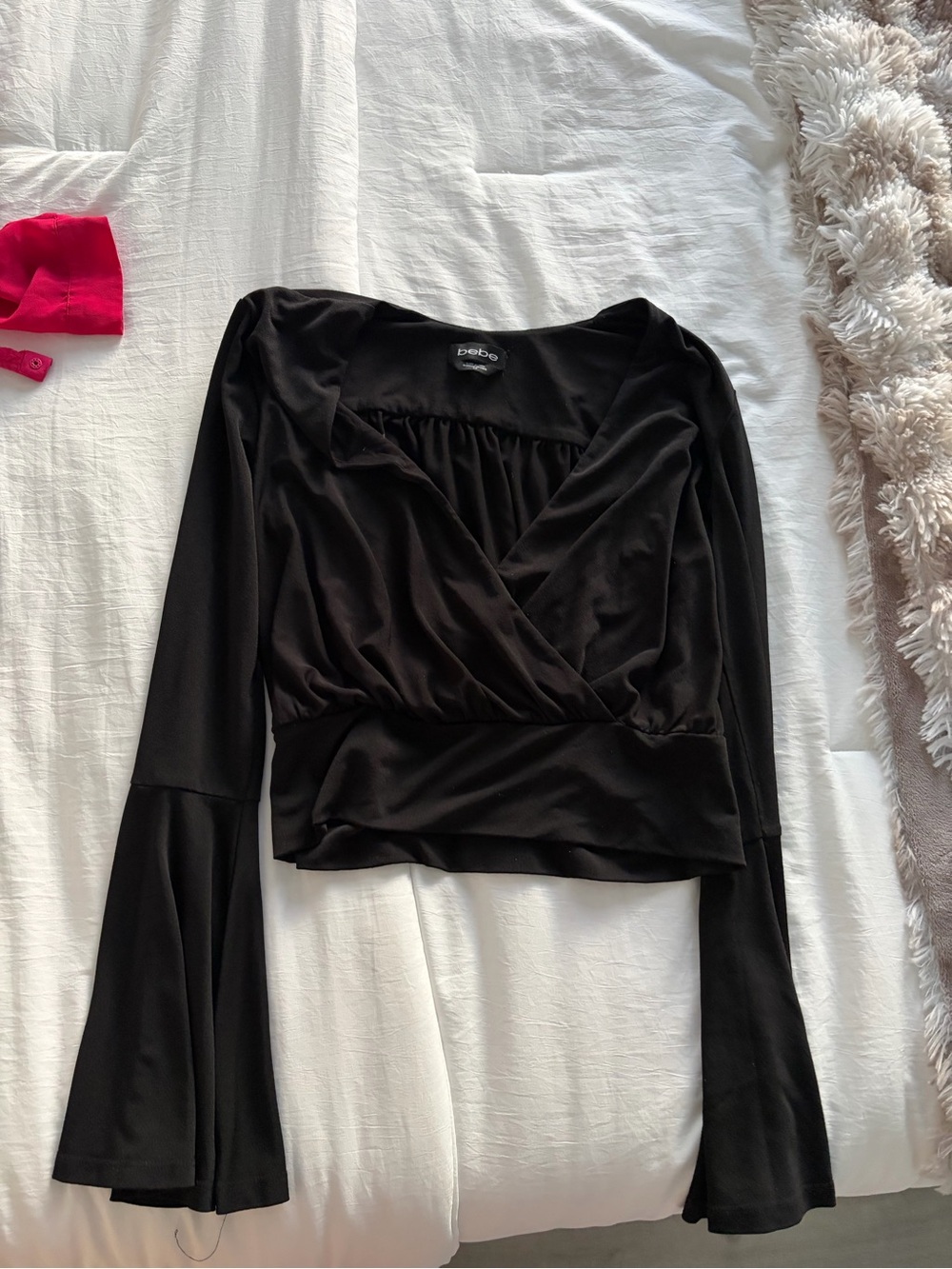 bebe Black Surplice Wrap Long Sleeve Top